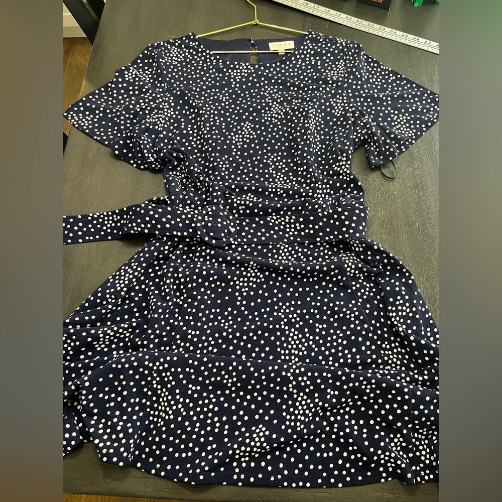 Laura Petites Navy Blue White Polka Dot Fit Flare Dress Short Sleeve Belted 8 - Picture 9 of 16